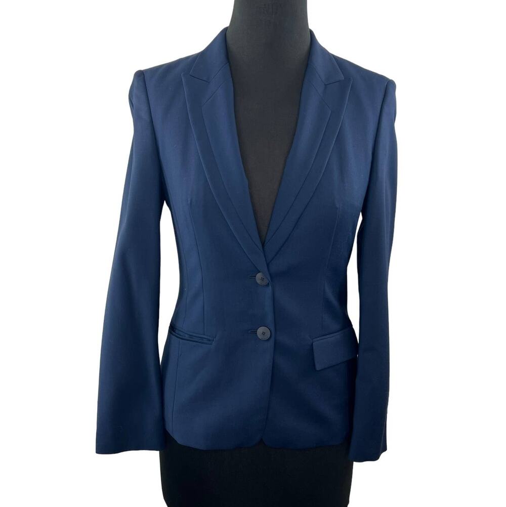 HUGO BOSS Navy Blue Jaellesa Virgin Wool-Blend Blazer 2-Button Single Breasted 2